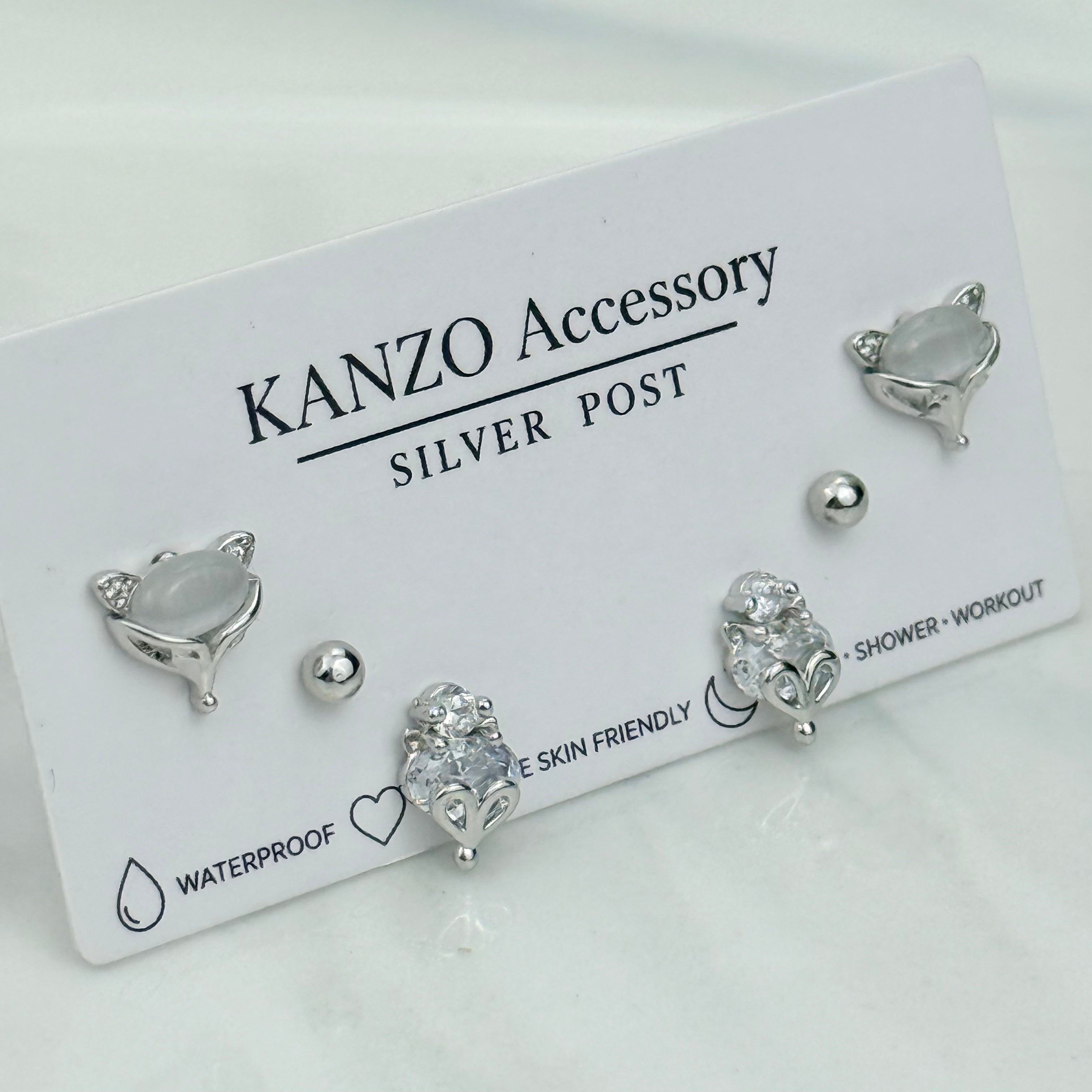 Cat’s Eye Fox 3-Pair Stud Earring Set (Silver）