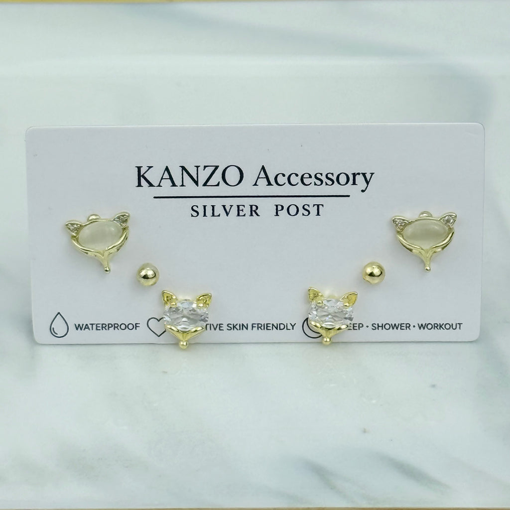 Cat’s Eye Fox 3-Pair Stud Earring Set  (Gold)