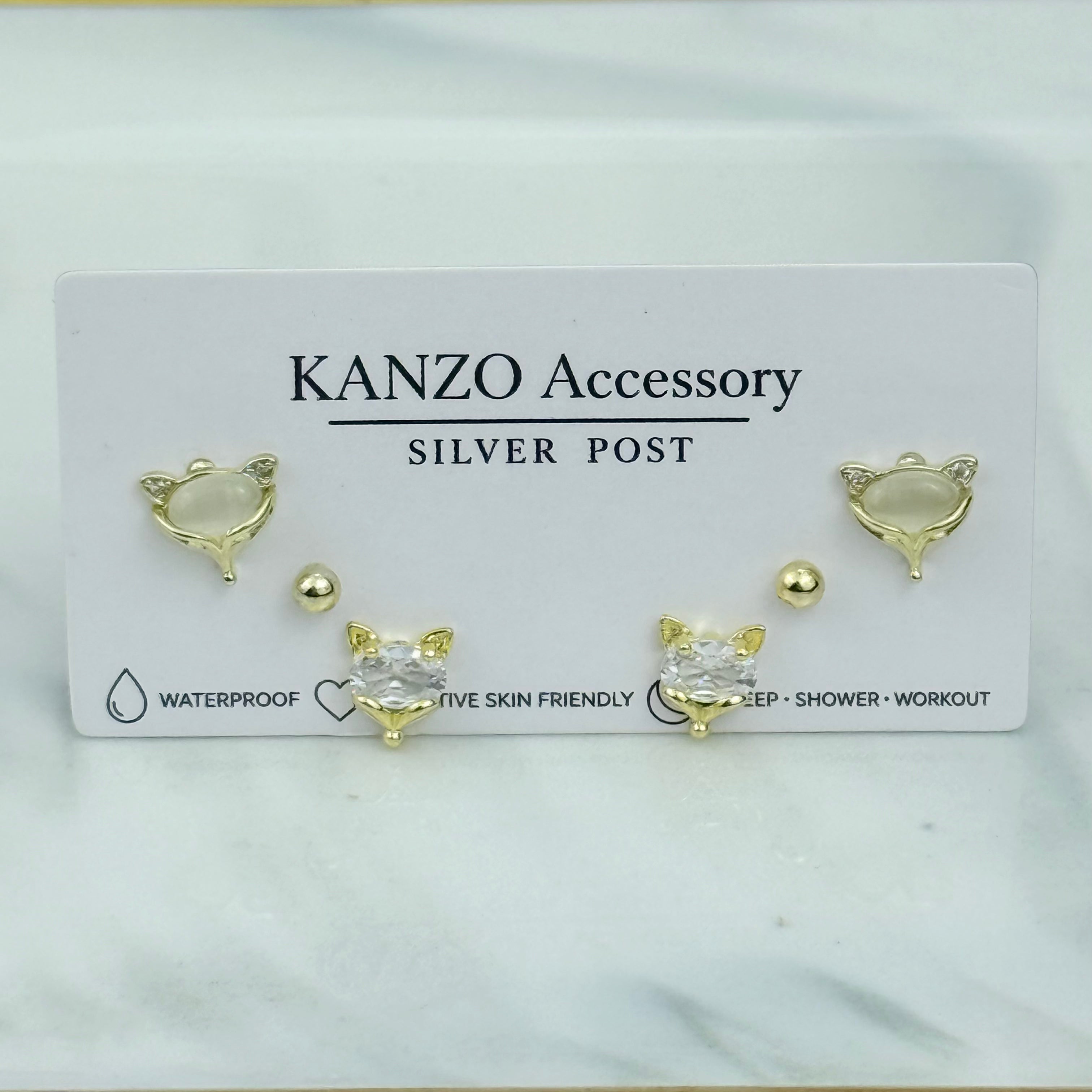 Cat’s Eye Fox 3-Pair Stud Earring Set  (Gold)