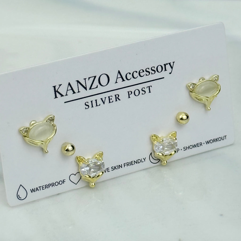 Cat’s Eye Fox 3-Pair Stud Earring Set  (Gold)