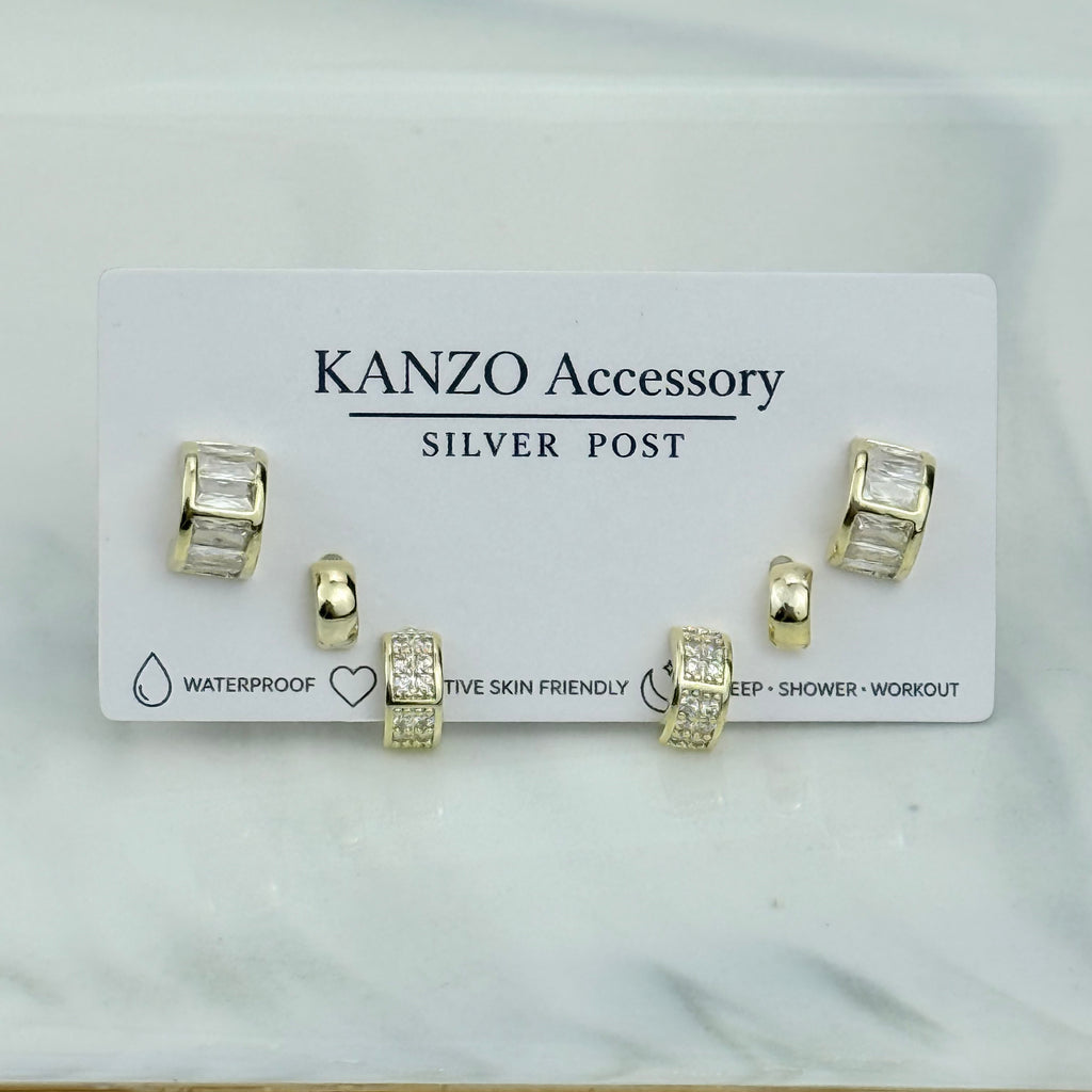 Crystal Half-Hoop 3-Pair Stud Earring Set  (Gold)