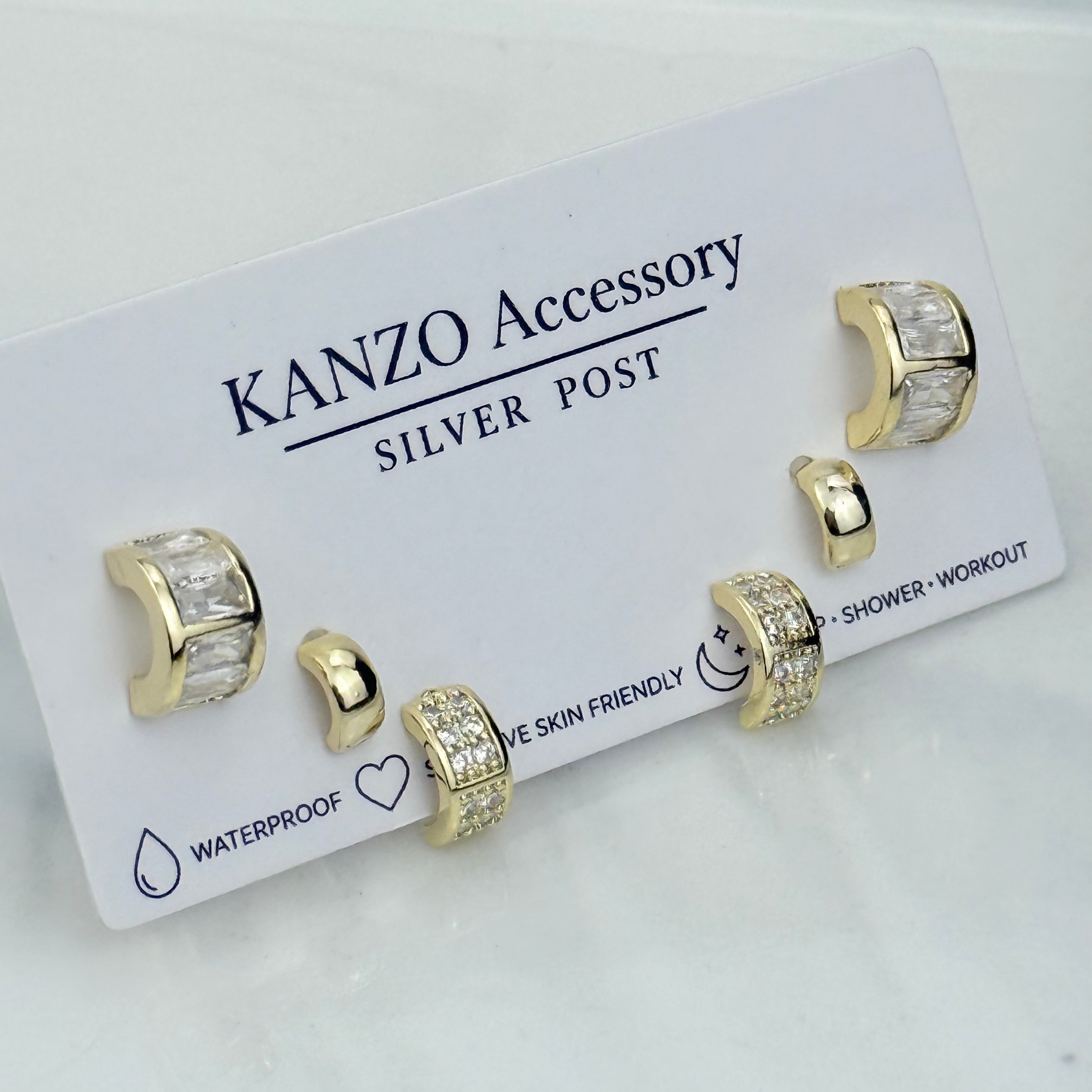 Crystal Half-Hoop 3-Pair Stud Earring Set  (Gold)